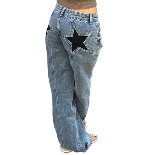 Womens High Waisted Straight Leg Jeans Trendy Y2k Star Patchwork Boyfriend Wide Leg Denim Pants