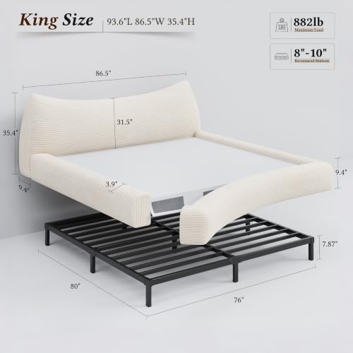 Image of Homkdom Cloud Bed Frame with Headboard,Upholstered Soft King Size Bed Frame Rounded Corner Design,Boucle Bed Frame for Modern Bedrooms Apartments, Guest Rooms,Beige
