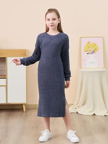 GORLYA Girls Long Sleeve Casual Sweater Rib Knit Split Straight Shift Midi Dress 6-16Y4