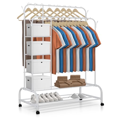 JUPPLIES Burro Ropa Resistente con Ruedas con Bloqueo y Estantes (110x56x160 cm, MAX 30 kg) – Perchero Burro Metálico con 2 Barras, 4 Estantes Laterales, Colgadores y Zapatero Doble (Negro/Blanco)