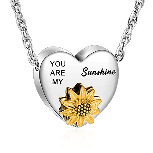 XIUDA Heart Ashes Necklace Urn Necklace with Sunflower You Are My Sunshine Cremation Necklace for Ashes Cremation Jewelry for Human Ashe Memorial Necklace with Flower