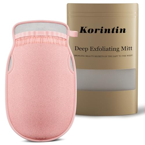 Korintin Exfoliating Glove, Exfoliating Mitt for Dead Skin, Deep Body Shower Gloves, Exfoliating Gloves Skin Cleanser, Great for Spray Tan Removal or Keratosis Pilaris (Pink)