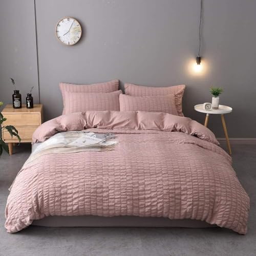 Seersucker Duvet Cover with Pillow Cases White Waffle Bedding Set 100% Cotton 200 Thread Count Quilt Covers Double King Super King Bed Size (Pink, King)