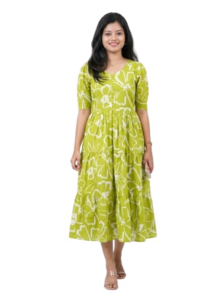 Image of Women's Cotton Floral Leaf Print Tiered Midi Dress - Square Neck, Short Sleeve A-Line Smock Dress for Casual Summer & Vacation Wear