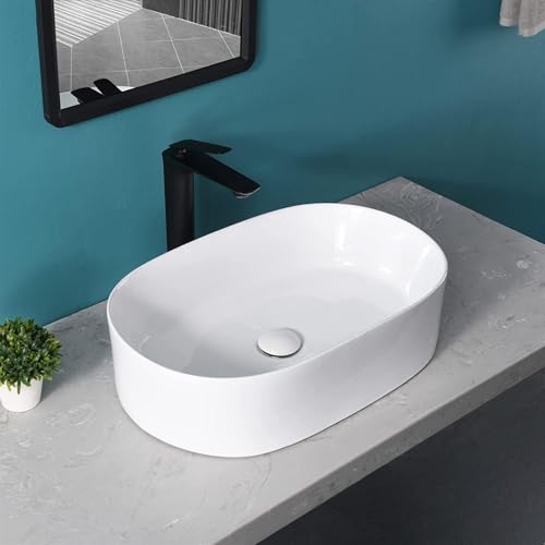 Image of QUALITO Table Top Wash Basin for Bathroom, Living Room, Hall, Dinning Room | Countertop /Over Counter Ceramic Vessel Sink /Basin | Glossy Finish Table Top Wash Basin (White, 20x13x5 Inch)