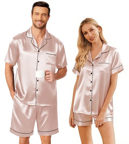 Ekouaer Couple Matching Pajamas Sets Silk Short Sleeve Button Down Sleepwear Satin Pjs Shorts Set Soft Lounge Set Champagne,L