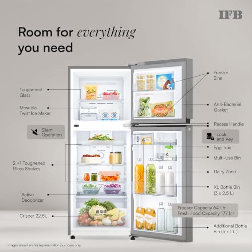 Image of IFB 241L 2 Star 7-in-1 Multi Mode, Advanced Inverter Frost-Free Double Door Refrigerator with 30 Hrs Cooling Retention & 4 Year Super Warranty (2026, IFBFF-291BYBSE, Brush Grey)