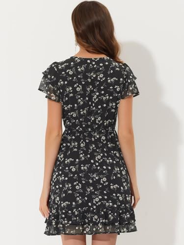 Allegra K Women's Chiffon Floral Petal Sleeve Self-Tie V Neck Flowy A-Line Ruffle Dress4