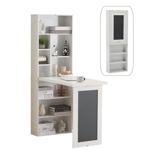 Folding Desk with Storage,Foldable Convertible Writing table with Blackboard and Shelves,Wall Mount Fold Out Table Cabinet , Space-Saving Murphy Desk Multi-Function Home Office Workstation (White)
