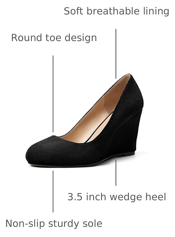 AUMOTED Women's Round Toe 3.5 Inch High Wedge Heels Pumps Slip On Wedges Shoes for Party Prom Wedding Dress Shoes Suede Black US Size 9 by AUMOTED - Used condition - Image 3