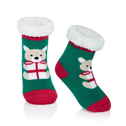 Durio Toddler Kids Slipper Socks with Grippers Warm Kids Fuzzy Socks Cute Kids Winter Socks Boys Girls Christmas Socks 1 Bear Green 4-6 Years