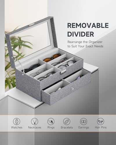 Image of CO-Z Sunglasses Organizer with 12 Slots, Linen Eyeglasses Storage Box for Women Men, 2 Story Lockable Display Case for Multiple Glasses, Sunglasses Jewelry Collection Holder with Drawer, Grey