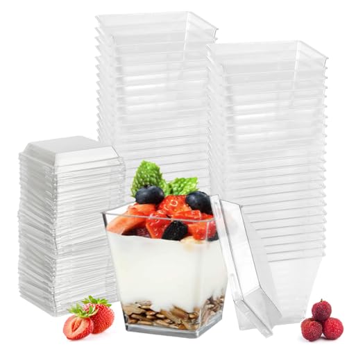 WEFHEF 50 Pcs Coupes à Dessert avec Couvercles, Tasse à Dessert Transparent 240 ml/8 oz, Verrines Apéritif Portables, Petit Coupe Glace Réutilisable, pour Pudding...