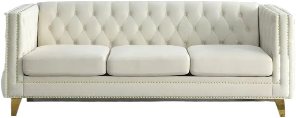 Beige Velvet Sofa,Buttons Tufted Square Arm Couch, Upholstered with Button and Metal Legs