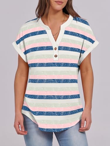 Image of ANRABESS Womens Short Sleeve Henley Tops V Neck Dressy Casual Blouses Summer Trendy Tee Shirts 2026 Vacation Fashion Clothes