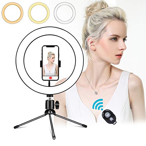 10" LED Ring Light with Tripod Stand and Phone Holder fo iPhone,Dimmable Desk
