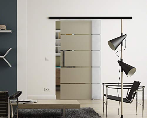 Glas-Schiebetür 1025x2050 mm 5-Streifen-Design Sadora® Slimline-System komplett Laufschiene in Schwarz und Stangengriff