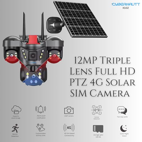 Image of XUGA - Cybernautt X10Z 12MP 3 Lens PTZ Dual Solar 4G Sim Wireless Outdoor CCTV Camera Three Side View | 360 | Night Vision | Motion Detection| Outdoor | Waterproof | 2 Way Audio | Use Air-tel 4G Sim