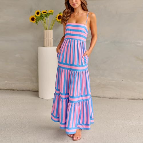Image of KMBANGI Women Striped Sleeveless Maxi Dress Swing Patchwork Midi Dress Smocked Spaghetti Strap Colorful Long Sundress