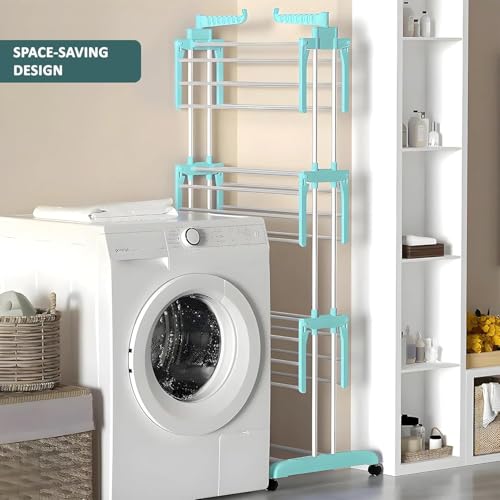 Image of Premium 3 Layer Clothes Drying Stand with Wheels | Foldable Wings | Double Pole Alloy Steel Rack | 360 Rotatable Hanger Rods | Portable Balcony Laundry Dryer Space Saving | 43.2D x 78.7W x 165H cm