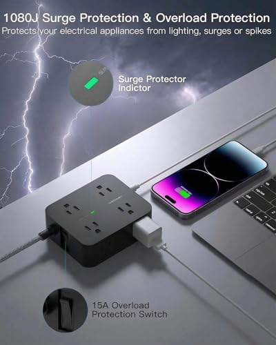 Image of Surge Protector Power Strip 15 Ft Long Cord, HANYCONY Extension Cord 15 Feet with 8 Outlets 4 USB Ports(2 USB C), Flat Plug, Desk Charging Station for Home Office College Dorm Room Essentials