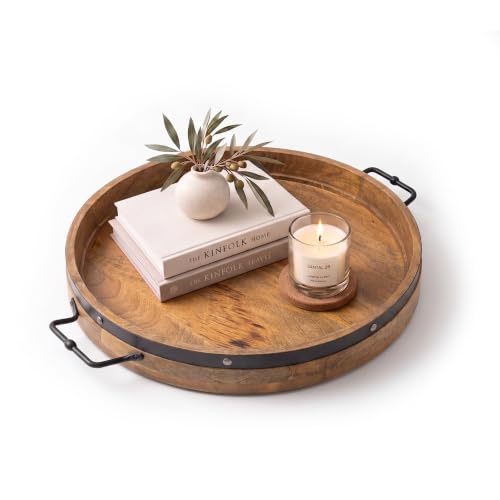 20" Extra Large Round Ottoman Tray, Heavy Duty Mango Wood, for Serving Tea, Breakfast in Bed, Living Room Large Coffee Table Tray Rustic with Farmhouse Style, Decorative Handles and Accent Strap