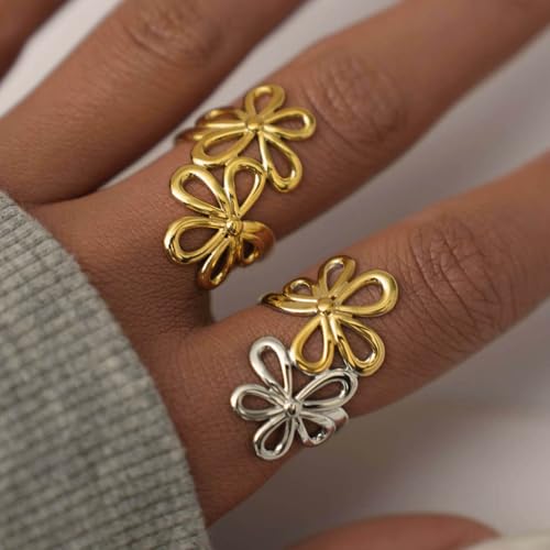 Kokoma Minimalist Double Flower Ring for Women Floral Statement Ring Vintage Expandable Open Stacking Rings Eternity Promise Fashion Jewelry Comfort Fit3
