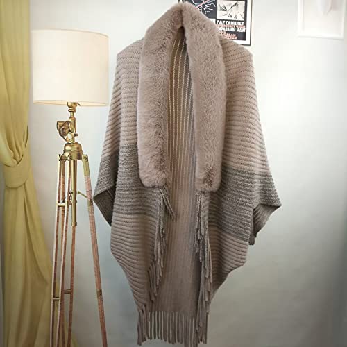 Women Faux Fur Collar Shawl Wraps Fringed Open Front Cardigan Cloak Coat Knitted Winter Tassels Sweater Capes3
