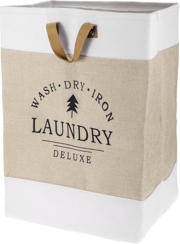 Image of 90L Large Laundry Basket, Collapsible Laundry Bag, Freestanding Tall Clothes Hamper, Foldable Washing Bin (Dark Blue) (White And Beige)