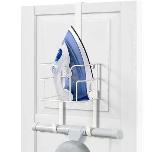 ORLESS Over The Door/Wall Mount Ironing Board Hanger, Laundry Room Iron and Ironing Board Caddy Storage Holder (White)