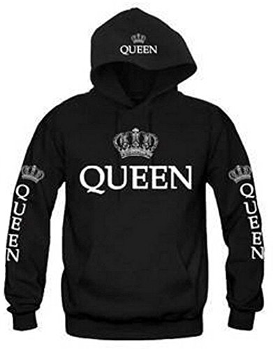 Fashion Long Sleeve King Queen Hoodies Sweatshirt Pullover with Hood, 1 Pcs (US M = Asia XL, Queen-Black)