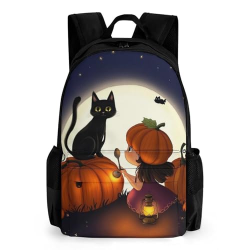Daypack Bookbag Anti-Theft Multipurpose Large Capacity Bookbag - Fantasy Moon Night GirlGirl Black Cat Pumpkin Field Art Travel Hiking & Camping Rucksack With Adjustable Shoulder Straps