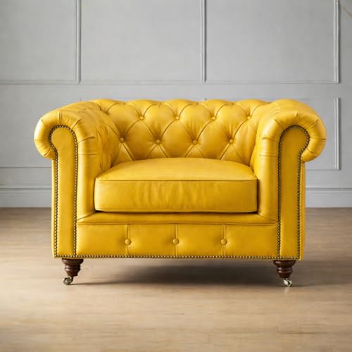 Image of UMAR ARTS Luxury Chesterfield Leatherate Sofa Set, Tufted Genuine Leatherate, Classic Living Room Furniture (1 Seater Yellow)