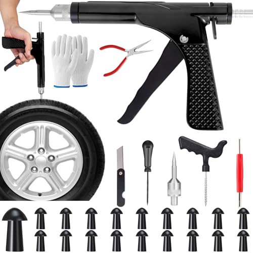 Hoozoocen Tubeless Tire Gun Puncture Repair Kit with 18 Mushroom Plugs for Tire Punctures and Flats on Cars ATV Trucks Motorcycles & Tractors Quick Repair Airtight SealBlack