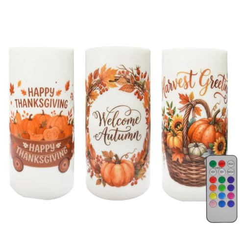 Image of 3PCS Orange Pumpkin Flameless Pillar Candle Battery Operated | Maple Leaf LED Candles with Timer Remote for Fall,Harves, Autumn,Thanksgiving