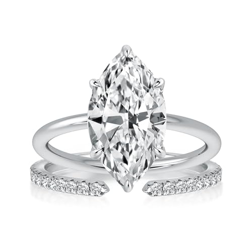 RODIFFY 3.5CT Marquise Cut Engagement Ring Set, S925 Silver Bridal Ring Set with Open Wedding band (Silver, 9)