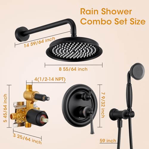Image of Antique Rain Shower Head with Handheld Spray, Matte Black Rain Shower System with Rough-in Balance Pressure Valve, 9 inch Bathroom Luxury Rain Fall Shower Head Wall Mount Round, (B2312-BK)