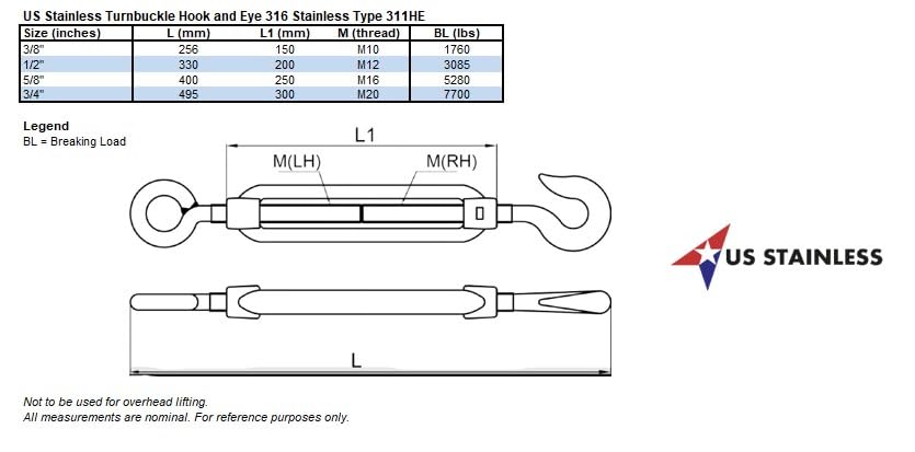 US Stainless Acero Inoxidable 316 Tensor con Gancho y Ojal 3/8" Grado Marino miniatura 2