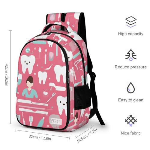 Casual Backpack for Unisex Adult, Novelty Teeth Dental Seamless Pattern Pink Large Capacity Backpack for Daily Use, Portable Shoulder Bag for Women Men2