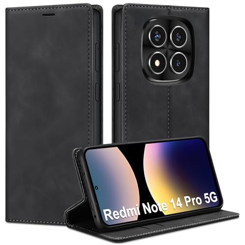 Guisessy Handyhülle für Xiaomi Redmi Note 14 Pro 5G Hülle Leder Premium Klappbar Flip Wallet Case mit Magnet Kartenfach Standfunktion Schutzhülle für Redmi Note 14 Pro 5G Schwarz