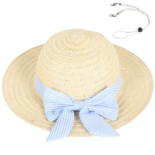 PinkSheep Girls Sun Hat Cute Summer Straw Beach Hat for Toddler Kids with Wide Bow Brim & Tassels - UPF 50+ (US Age 7 Years 14 Years Beige)