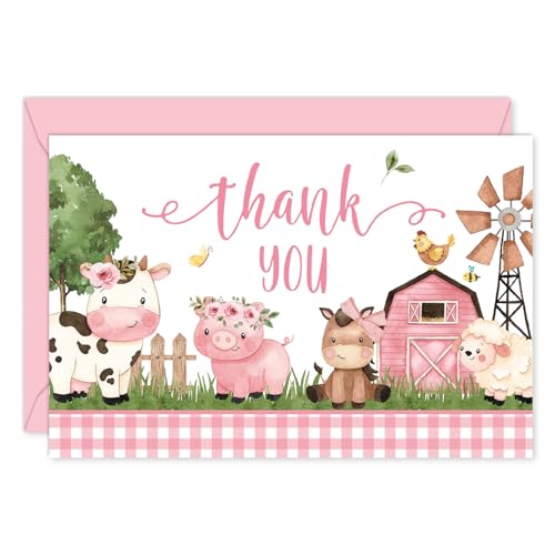 Cartes de remerciement animal de la ferme rose pour célébrer vos instants précieux