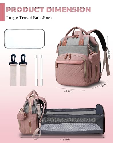 Diaper Bag with Changing Station, Waterproof 3 in 1 Baby Diaper Backpack with Foldable Changing Pad, Pink-Grey4