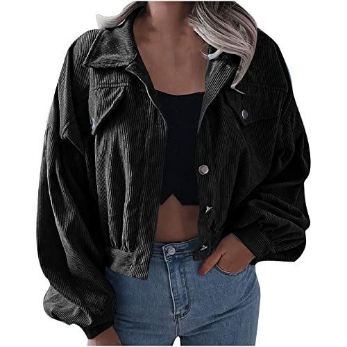 Women s Cropped Corduroy Shirts Casual Button Down Coats Balloon Sleeve Jacket Coat Retro Loose Comfy Outwear Blouses