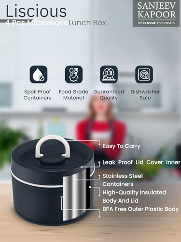 Image of Sanjeev Kapoor By Classic Essentials Luscious Microwave Friendly Leakproof Insulated Tiffin Set with Bag & Cutlery | 2x400ml + 2x600ml Containers (2000ml) | Thermoware Lunch Box | Blue