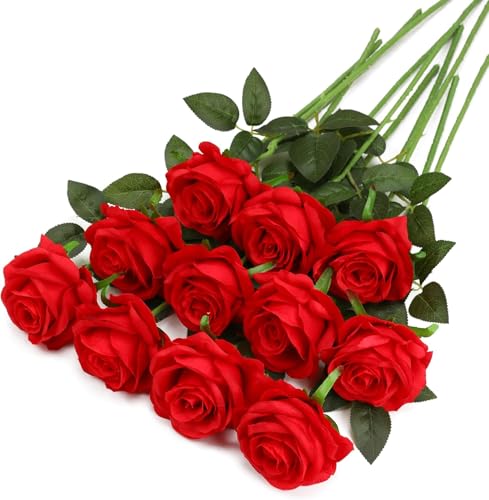 Image of Dekorly Artificial Fake Roses Flowers - 10 Pcs Fake Artificial Roses Silk Flowers with Stems for Home Room Tabletop Wedding Hotel Office Centerpiece Decor | Height 18 Inch (Red)