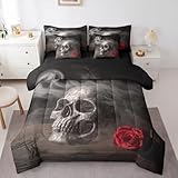 Erosebridal Sugar Skull Adult Comforter Set Lover Sweetheart Roses Bed in A Bag King Size 7 Pieces Halloween Bed Set Men Smoke Fog Gothic Nature Bedding