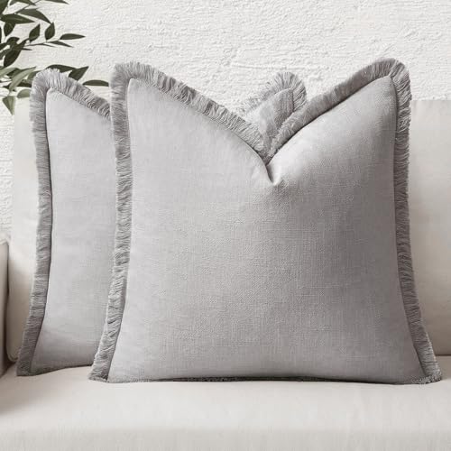 Image of MIULEE Decorative Throw Pillow Covers Neutral Linen Fringe Throw Pillows Set of 2 Light Grey Boho Farmhouse Cushion Covers with Tassels for Couch Sofa Bed Living Room Spring Home Decor 20x20 Inch