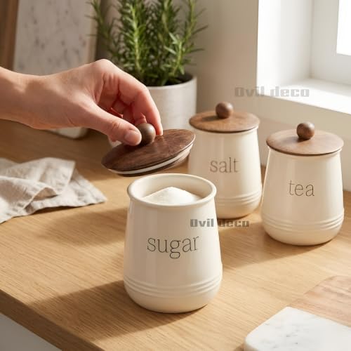 Image of Stylish Airtight Container for Kitchen, Tea Sugar Salt Storage, White, Metal with Wooden Lid & Spoon, 1000ml, Canister for Kitchen Counter top | Food-Safe Jar Set of 3 (Tea Sugar & Salt)