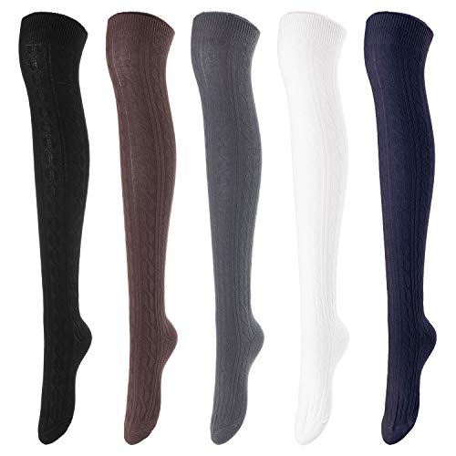 Lovely Annie Women's 5 Pairs Incredible Durable Super Soft Unique Over Knee High Thigh High Cotton Socks Size 6-9 A1024(Black,Coffee,DG,Cream,Navy)